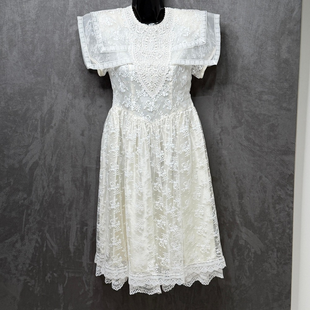 Jessica McClintock Bridal Vintage Ivory Floral Lace Dress Size 8 Made in USA